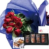 花とスイーツ ギフトセット エレガント レッドバラ　花束 と アマンド　六本木ケーキ 写真入り・名入れメッセージカード