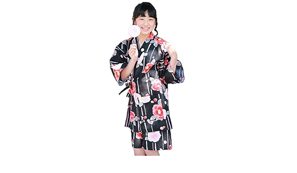 Amazon 甚平 レディース 黒地に縞とレトロ椿 M L 変わり織り女物甚平上下2点セット 甚平 通販