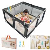 ベビーサークル プレイマット付き 120x120cm 赤ちゃん 小さめ 扉付き ベビーフェンス 折りたたみ baby playpen 子供サークル 組立簡単 洗濯可能 収納バッグ付き 日本育児 子供遊び用 (ライトグレー+120 x 120 cmマット)