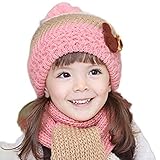 N-hilfe キッズ ニット帽 x マフラー あったか 帽子 女の子 防寒 ニット帽子 子供用 (ピンク)