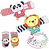 (Lion and Panda) - ThinkMax 4 Pieces Baby Wrist Rattle and Foot Rattles Finder Socks Set, Developmen