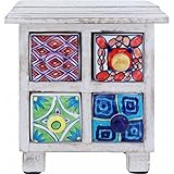 ラビミニチェスト【4マス】 セラミック/木製(チーク材) 幅18cm×奥行9.5cm ホワイト（白） (インテリア家具)