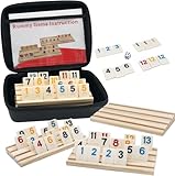 DOLLERGO ラミーゲーム 木製ラック/トレイ4個付き ラミーキューブ ポータブルケース付き タイル106枚 トラベルセット タイルホルダー4個付き オーキーゲーム 2~4人用 (ラミーキューブ 4プレイヤーエディション)