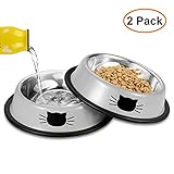 Iontek ステンレス 猫 皿 ペット碗 可愛い猫柄 ペット用品 食器 犬 猫 小動物 餌入れ ボウル食器 フード ウォーター ボウル 滑り止め こぼれ防止 取り外し可能 227ml 2個セット (グレー&グレー)
