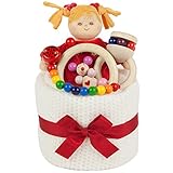 出産祝い ベビーギフト granpapa（グランパパ） おくるみブランケット 木のラトル おもちゃホルダー 木のベル お人形ラトル ファーストケーキ ギフトセット (ホワイト)