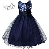 (POMAIKAI) 子供 ドレス 結婚式 発表会 こども ワンピース ノースリーブ ティアラ セット (ネイビー110)