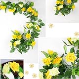 ノーブランド品　造花 二本　長さ ： 259cm （8.5ft）飾り　蔓　葉　バラ　アイビー　籐　観葉植物　人工観葉植物　インテリア　ローズ　雑貨　アーチ　装飾　飾りつけ　黄色　Generic 2pc