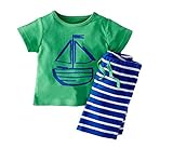 ツバメ--屋　ベビー服 上下セット 半袖トップス tシャツ ショートパンツ ボーダー柄 セットアップ キッズ 柄プリント 男の子 男児 夏着 可愛い (80, グリーン)