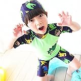 hibote 男の子 水着 2-13歳 ラッシュガード &キャップ付 水着上下＋帽子 3点セット UVカット グリーン 3XL