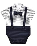 (コ-ランド) Co-land ベビー服 スーツ風 ロンパース 赤ちゃん カバーオール 新生児 半袖 男の子 女の子 ボーダー柄 蝶ネクタイ フォーマル 出産祝い 写真撮影 (サイズ18, 男児)
