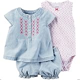 カーターズ Carter's 女の子用シャンブレー花刺繍半袖チュニック豪華上下3点セット (6months(61-67cm)) [並行輸入品]