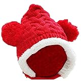 Plus Nao(プラスナオ) 子供用 赤ちゃん用 ニット帽 ニットキャップ 耳付き ケーブル編み 裏ボア付き 顎ひも付き ベビー キッズ 女の子 男の - レッド