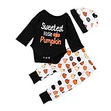 新生児服　ハロウィーン　ベビー上下セット　Sweetest Little Pumpkin　かわいい長袖ロングロンパース　カボチャ総柄パンツ　帽子　ルームウェア　赤ちゃん　プレゼント　0-18M