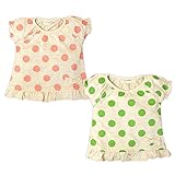 (グリーン/80cm)子供服 女の子 Tシャツ 半袖 水玉 リボン装飾 パフスリーブ 裾フリル 女児 ベビー