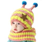 DAYISS (ダイス) ニット帽 キッズ 黄色 ぽんぽん ボーダー マフラー付き 全5色 WM041225 Pink