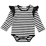 ベビー　子供服　綿　長袖　縞模様　ロンパース　レースの刺繍付き　飛び袖　可愛い　赤ちゃん　新生児　出産祝い　普段着　0～24ヶ月 (100)