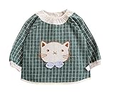 C-Princess ベビー 防水 長袖 スモック 食事 エプロン 幼児 赤ちゃん ビブ スタイ ガウン チェック ネコちゃん 可愛い 女の子 男の子 幼稚園 保育園 グリーン 90