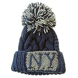 ( YUNA ） ユナ 手編み ビック ボンボン ツートン リブ編み NY ロゴ ニット帽　48～58cm くらい まで　（　ネイビー ) ニット帽 キッズ ベビー キャップ ニット帽子 子ども 男の