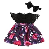 MIOIM 可愛い キッズ 姉妹 ドレス ベビー服 女の子 飛び袖 花柄 プリント ロンパース ワンピース ヘッドバンド付き ブラック