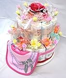 ご出産お祝い　＜おむつケーキ＞リーズナブルなお値段のかわいいおむつケーキ「２段おむつケーキ」(女の子用ピンク系）