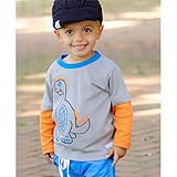 RUGGED BUTTS(ラゲッドバッツ）男の子用グレーxオレンジ恐竜重ね着風長袖Tシャツ 3T 3歳用 100cm-105cm ロンT,トップス,子供服,出産祝いギフト,ラッフルバッツ(Ruffle