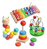 木のおもちゃ 知育玩具セット　4点入り　シロホンクマ　ビーズコースター　木製タワーがさね　キャタピラー　指先トレーニング ミニ　カラフル　幼児 子供　積み木　お祝い　プレゼント　2−3歳　創造力と想像