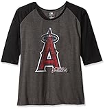 MLB Los Angeles Angelsレディース3 / 4 SleevedラグランTシャツwith Distressロゴ、1 x、チャコール/ブラック