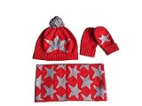 （Ginty)ニット帽 セット 子供用 マフラー&手袋 セット 星柄 可愛い ハット　キッズ　クリスマス　プレゼント 誕生日　秋 冬　女の子 防寒 キャップ (M, 赤)