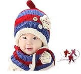 【GOLDEN EGGS】選べる4色 ニット帽子&マフラー セット　リボン付き　キッズ子供用　誕生日、お祝い、プレゼント　かわいい防寒帽子 (赤＆濃い青)