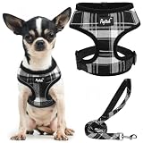 PUPTECK 犬 ハーネス リード セット 犬用 胴輪 はーねす 調節可能 着脱簡単 軽量 メッシュ 通気性 快適 ソフト 反射材付き 引っ張り防止 抜けない 喉に優しい 耐久性 散歩 安全 しつけ用 老犬介護 おしゃれ 小型犬 中型犬 大型犬 （ブラック チェック, XSサイズ）