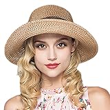 【TaoTech】 ストーロ ハット 折りたたみ UVカット ツバ広 小顔 夏コーデ 調節可能 リボン 付き 麦わら 帽子 (フリー, ブラウン)