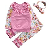 CANIS　キッズ　女の子　花プリント　　ヘアバンド付き　コットンシャツ　ロングパンツ　　3点セット　ピンク　 (90ｃｍ（１２～１８ヶ月）)