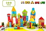 100 Piece City Transportation Building Blocks Colored Wooden Stacking Set Toy For Kids [並行輸入品]