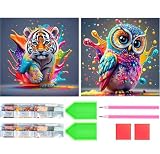 Amyaker ダイヤモンドアート キット 四角いビーズ 全面 2個セット 日本語キャンバス ダイアモンドビーズ絵画キット DIY 手作り絵画 モザイクアート 5D モザイクアート ダイヤモンド塗装 全面貼り付けタイプ 30x40cm トラ フクロウ