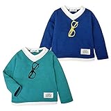 (グリーン/90cm)ベビー服 男の子 Tシャツ 長袖 重ね着風 天竺 メガネプリント ワッペン スナップボタン 男児 ベビー