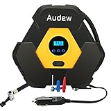 AUDEW エアコンプレッサーコンパクト 車用空気入れ 空気圧測定 LEDライト付き シガーソケット接続式 3種類アダプターノズル付き レジャー用品