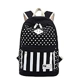 WSince ファッション水玉とストライプキャンバスラップトップバックパックかわいいトラベル学校学生は、の少女/学生/女性のためのバッグ/ランドセル/デイパックショルダー (黒)