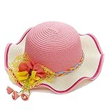 Spinas(スピナス) ベビー キッズ 夏 麦わら帽子 鈴付き 3D フラワー モチーフ リボン てんとう虫 コサージュ 女の子 全5色（ピンク　ブルー　レッド　イエロー　パープル） (ピンク)