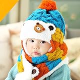 赤ちゃん 幼児 子供 服 ギフト 帽子 キャップ　かわいい ボンボン 耳あて 耳カバー 付き ボア ニット帽 マフラー セット 男の子 女の子 兼用 防寒 防風 アウター ベビー キッズ (ブルー)