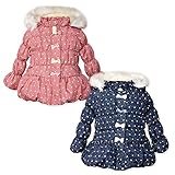 (ネイビー/80cm)ベビー服 女の子 アウター フルジップ コート UZULAND ウズランド 中綿 撥水加工 シャーリング 着脱式ファー付きフード デニム風 ドット柄 リボン 女児 ベビー