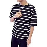 【Smile LaLa】 メンズ Tシャツ 五分袖 半袖 夏 おしゃれ ボーダー Uネック サーフ ゆったり 大きいサイズ (ブラック, 2XL)