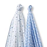 SwaddleDesigns SwaddleDuo Set of 2 Swaddling Blankets Cotton Muslin + Premium Cotton Flannel Blue Ch