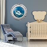 36 "舷窓Ship SeaウィンドウOcean View shark # 3クロームデカール壁ステッカー子供ベビールームホームアート飾りden壁画Man CaveグラフィックLarge