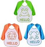 ベビー 赤ちゃん 食事 用 防水 エプロン 長袖 3枚 セット ポケット 付 かわいい 動物 柄 (ライオン カエル ゾウ)