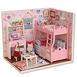 Fuceury 木製ドールハウスDIYキット、ミニハウスDIYセット、プリンセスの寝室 、友達への誕生日プレゼント、LEDライト、防塵カバー