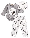 ３点セット　新生児　ベビー服　男の子　女の子　鹿　ロンパース＋ロングパンツ　帽子付き　0-18M　 (80CM/3-6 月)