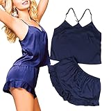 [kitamurasyokai] 快適サラサラ キャミソール サテン シフォン パジャマ フリル ショート パンツ スリープウェア 部屋着 肌着 無地 柔らかい 夏 春秋 (XL, ブルー)