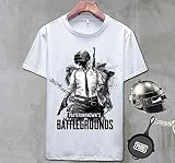[Entregando amor e paz] PUBG シャツ+ヘルメット+フライパン ３点セット コスプレ コスチューム 半袖 Tシャツ キーホルダー プレイヤーアンノウンズ バトルグラウンズ 衣装 服 男女兼用 (白Ｉ, L)