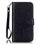 Zeebox Galaxy S6 Edge ケース 二つ折り 手帳型ケース カード収納ホルダー＆ストラップ付き 横開き Samsung Galaxy S6 Edge 用 カバー 生涯補償付き (ブラッ