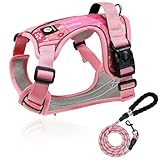 【柴犬に強力推薦】 XINIDEA 頑丈で耐久性に 犬用ハーネスセット、背面に名前タグを貼り付け可能，小型犬、中型犬、大型犬、超大型犬用、1.5mリード付き、ノーストレス窒息防止、調整可能なオックスフォード素材のアウトドア犬用ベスト、ダブルDリング、夜間反射デザイン。（ピンクのプリント L）